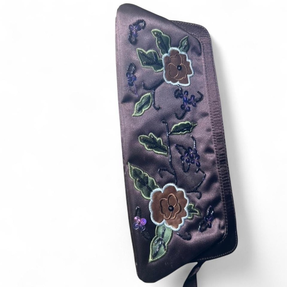 Brown floral embroidered clutch with lime interior & zipper closure (acc1)